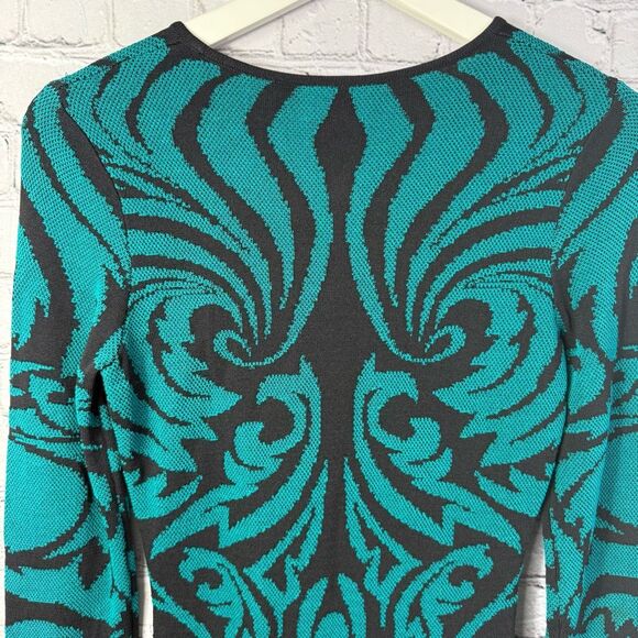 TORN BY RONNY KOBO Black Teal Design Bodycon Knit Dress Size Small - Picture 4 of 10